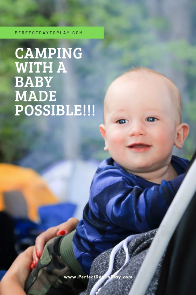 PDTP Camping with a Baby made possible! infant baby on a campsite. Pinterest graphic, Pin