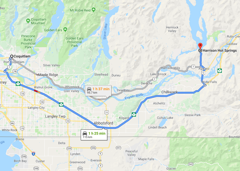 PerfectDayToPlay - map from Coquitlam to Harrison Hot Springs GoogleMap