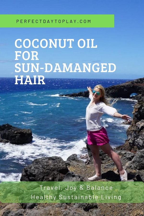 Coconut oil for sun-damaged hair after a beach vacation - Pinterest Pin