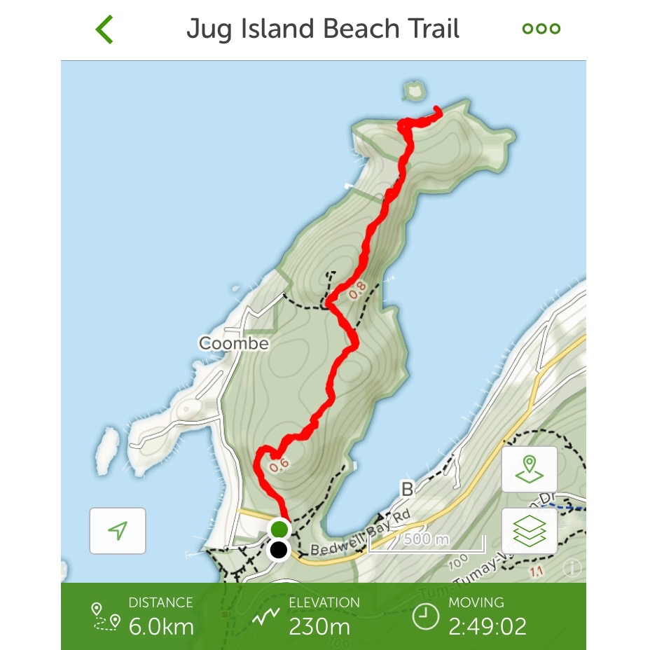 Jug Island Beach Trail hike map from AllTrails app - Belcarra Regional Park easy hiking trails