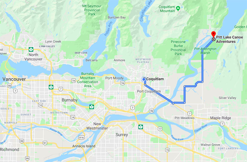 how to get to Pitt Lake Canoe Adventures from Coquitlam google map - larger