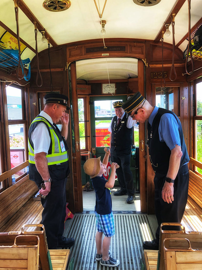 inside historic tram at Fraser Valley Heritage Railway in Surrey, BC