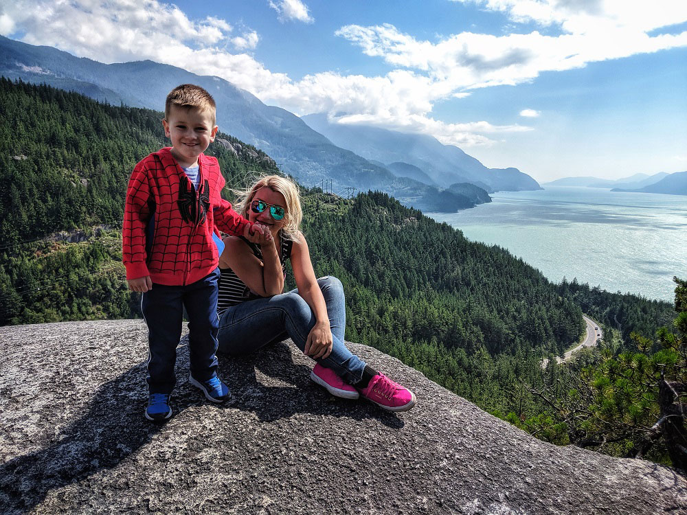 travel kids-friendly hike with view Howe Sound from Jurassic Ridge hiking trail in Murrin Provincial Park near Squamish in BC Canada