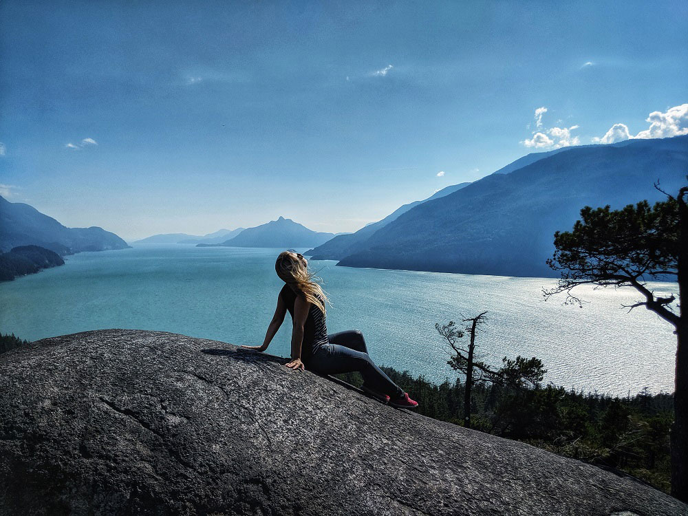 the summer evening photo of Howe Sound as seen from Jurassic Ridge hiking trail in Murrin Provincial Park BC Canada next to Squamish