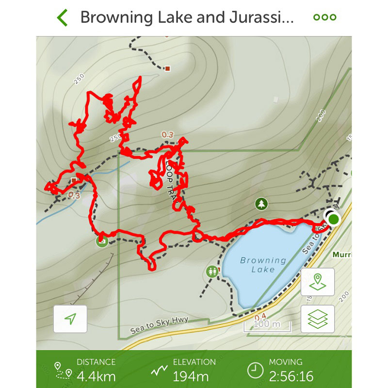 AllTrails map of Jurassic Ridge hiking trail - easy kids-friendly hike in Murrin Park near Squamish BC Canada