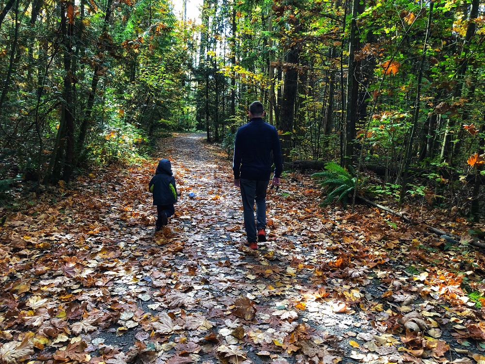 Coquitlam River fall hiking trail - father and son