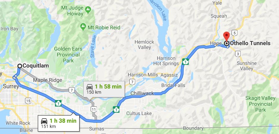 google maps from Coquitlam to Hope & Othello Tunnels