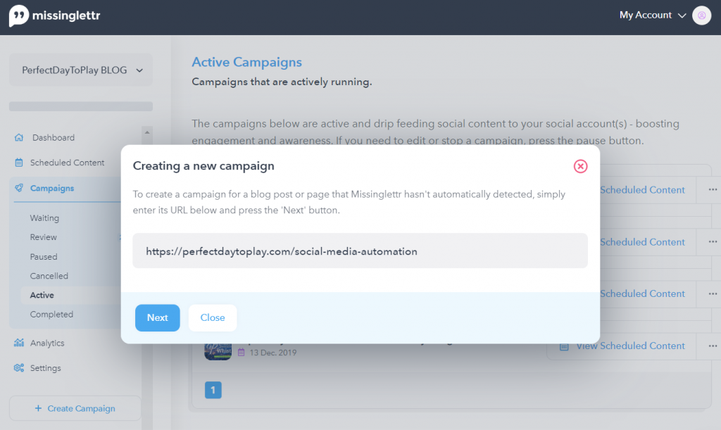 Twitter campaign setup with MissingLttr - literally one click!