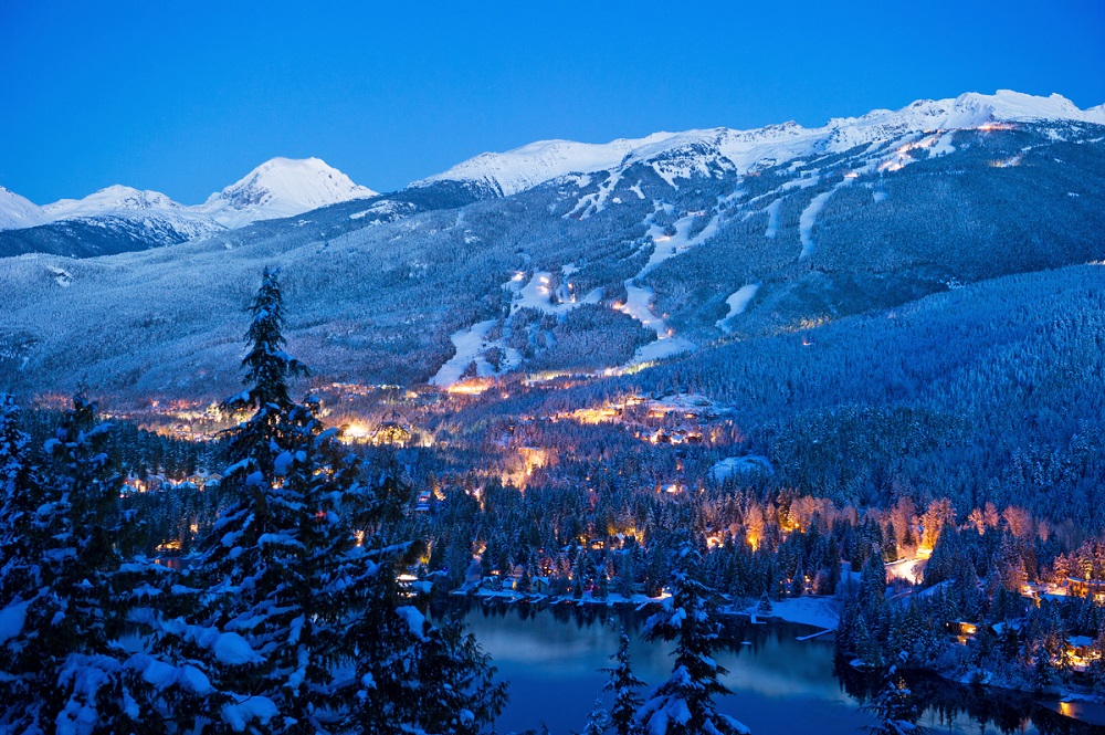 Whistler Village in front of Whistler and Blackcomb mountains - winter activities in Whistler - photo by Tourism Whistler
