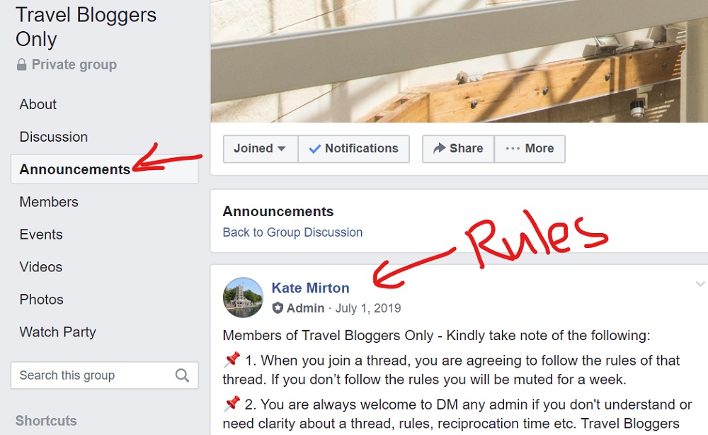 Facebook group rules - announcement section