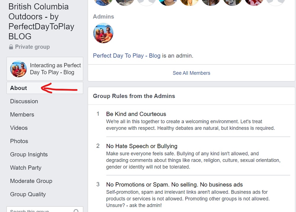 Facebook group rules - about section