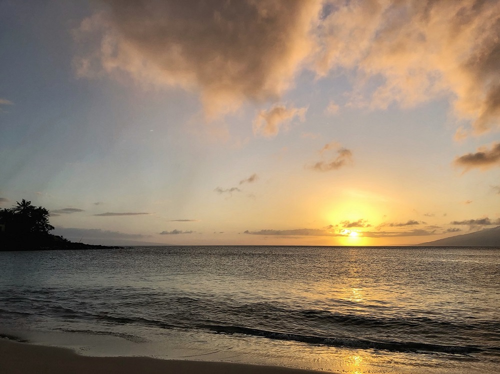 Maui Hawaii golden sunset seascape as seen from Kahana Sunset vacation rentals