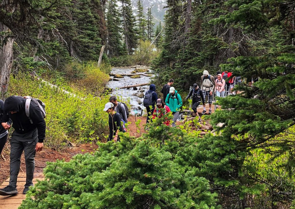 Crowds of people hiking Joffre Lakes trail - a popular destination in British Columbia, Canada