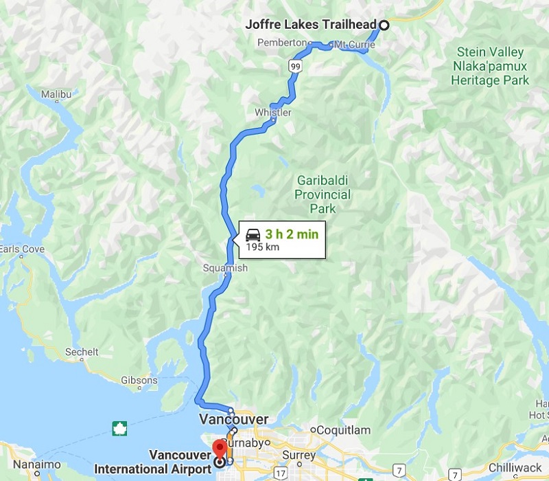 Joffre Lakes Provincial Park, BC, Canada - driving google map from Vancouver, Whistler and Squamish