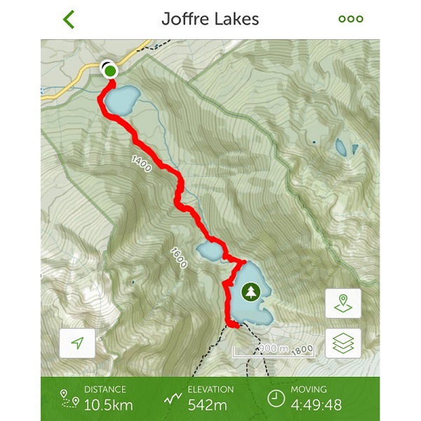 AllTrails app stats tracking for the Joffre Lakes trail near Whistler