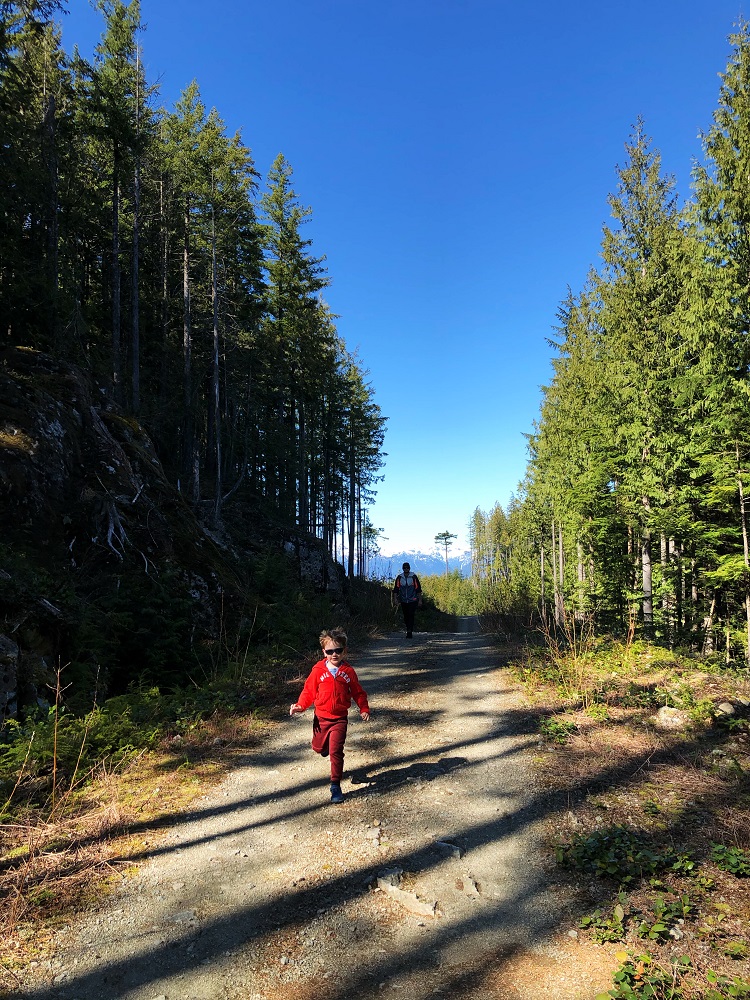 a child running down the trail in the forest
