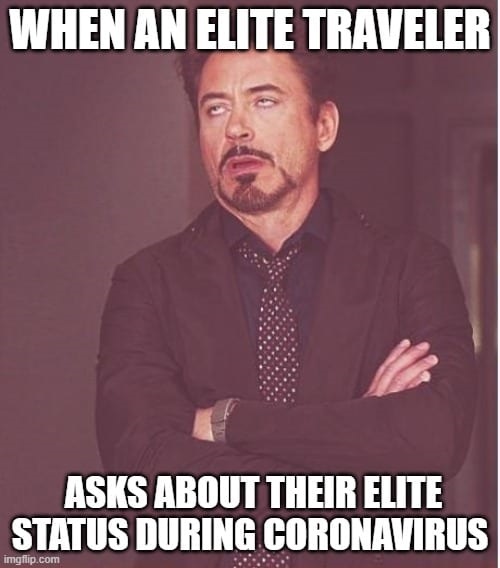 Tony Stark rolling his eyes - when elite traveler asks about their points status - funny travel meme