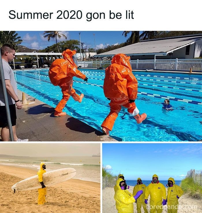 summer 2020 - people in ppe suits during corona pandemic - funny outdoor meme