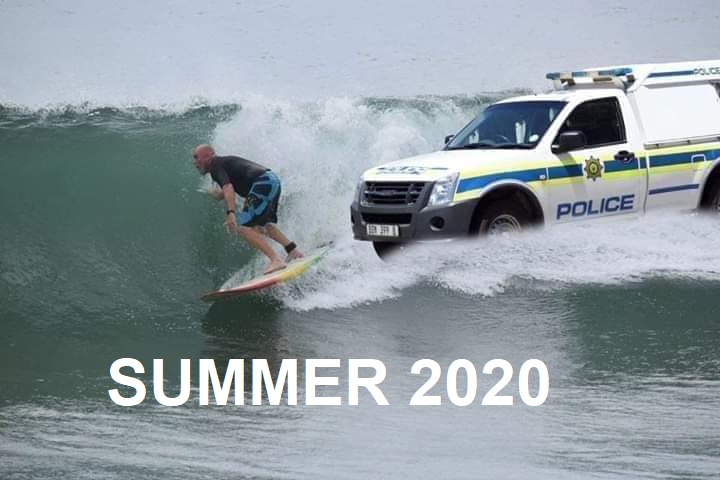 summer 2020 surfer running a wave from a police car meme