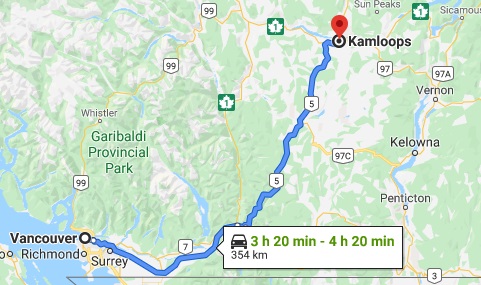 Vancouver to Kamloops road-trip map