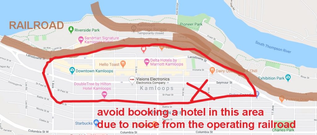 Kamloops city centre map - where NOT to stay due to railroad noise