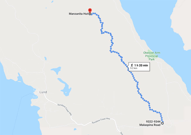 Manzanita Hut route from near Lund - things to do in Lund - hike Sunshine Coast Trail