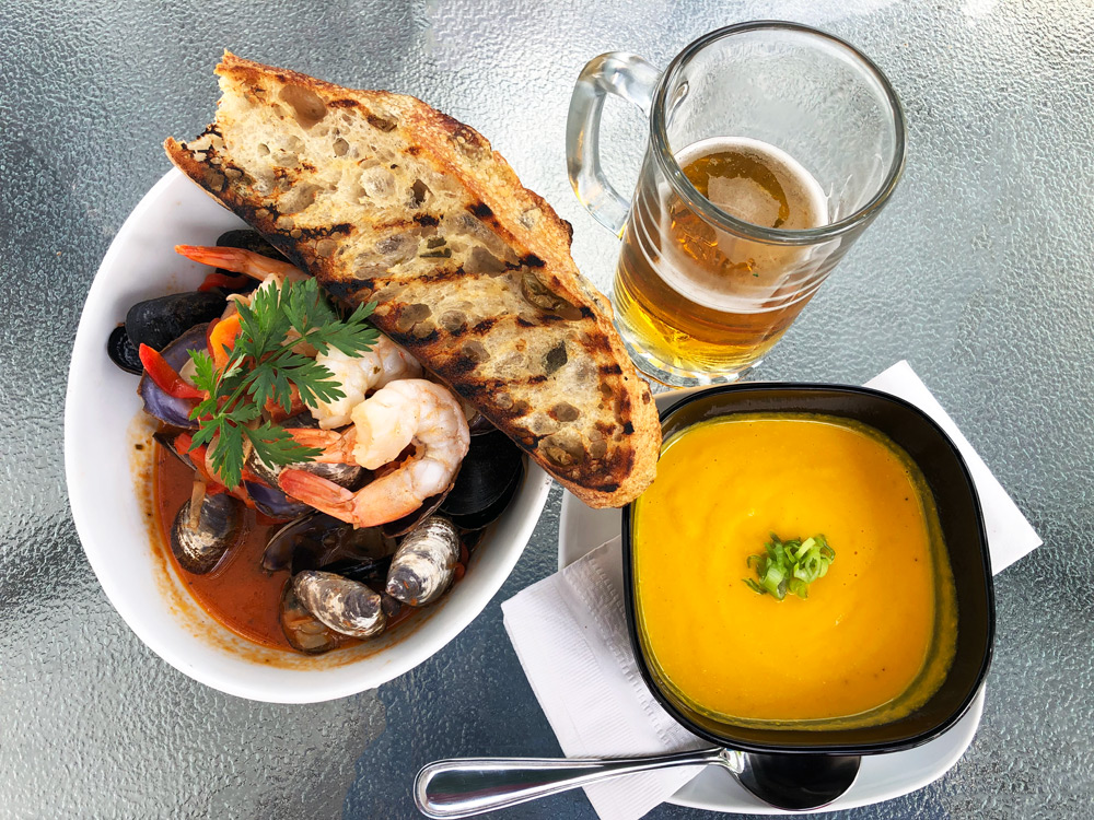 carrot soup and a bowl of mussels and clams - places to eat in Lund BC