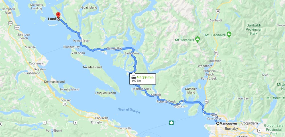 google map view - directions from vancouver to lund