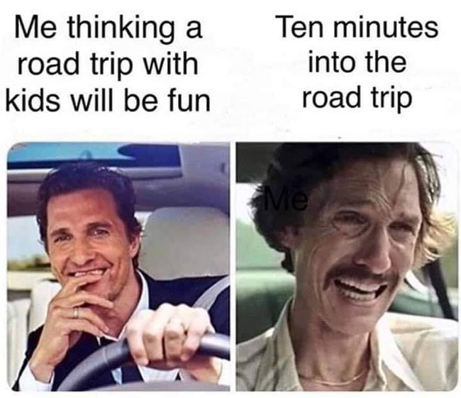 taking kids on road trip will be fun meme