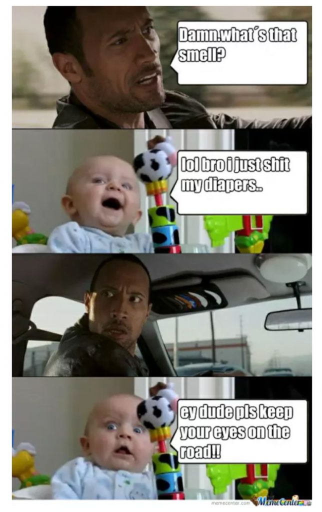 baby poops vs the Rock hilarious road trip meme