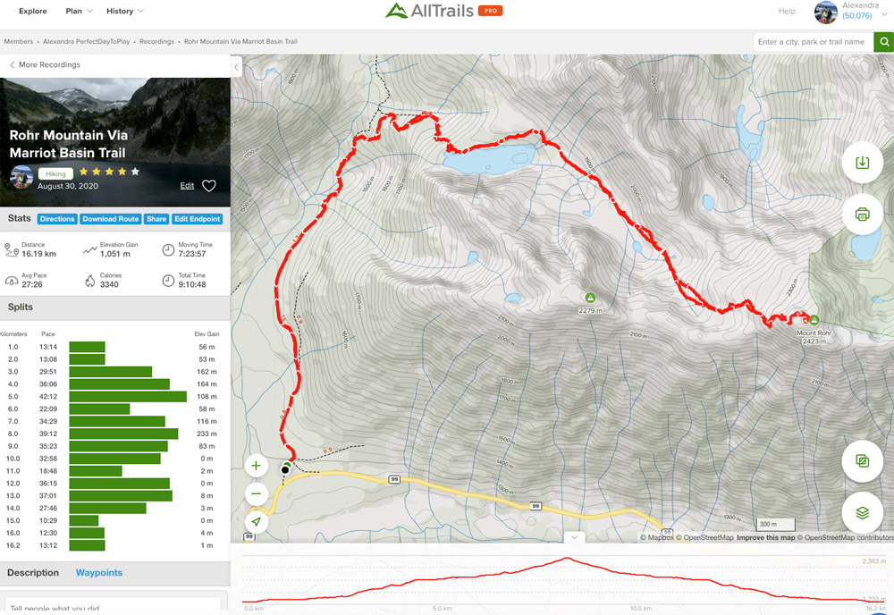 Mount Rohr and Rohr Lake hike via Marriott basin trail map