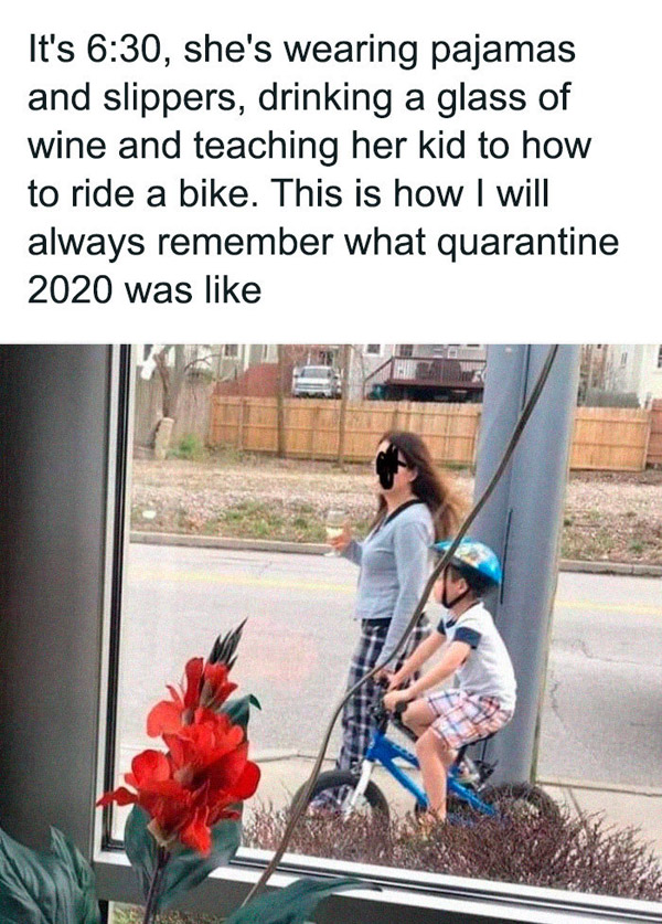 quarantine mom teaching her kid to ride a bike