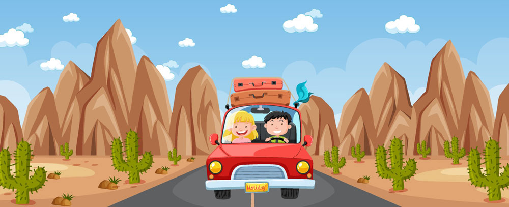 free vector graphics and illustrations - family travels in a van across a USA desert