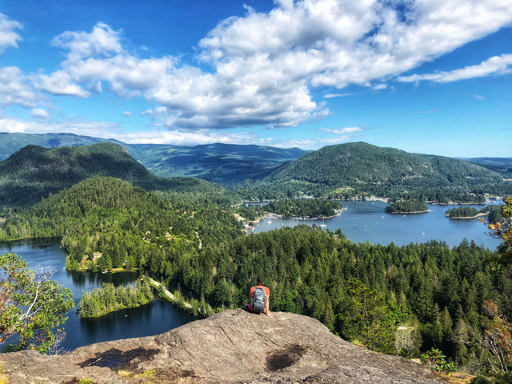 the view of Hotel Lake and Pender Harbour from Pender Hill trail on Sunshine Coast, BC Canada