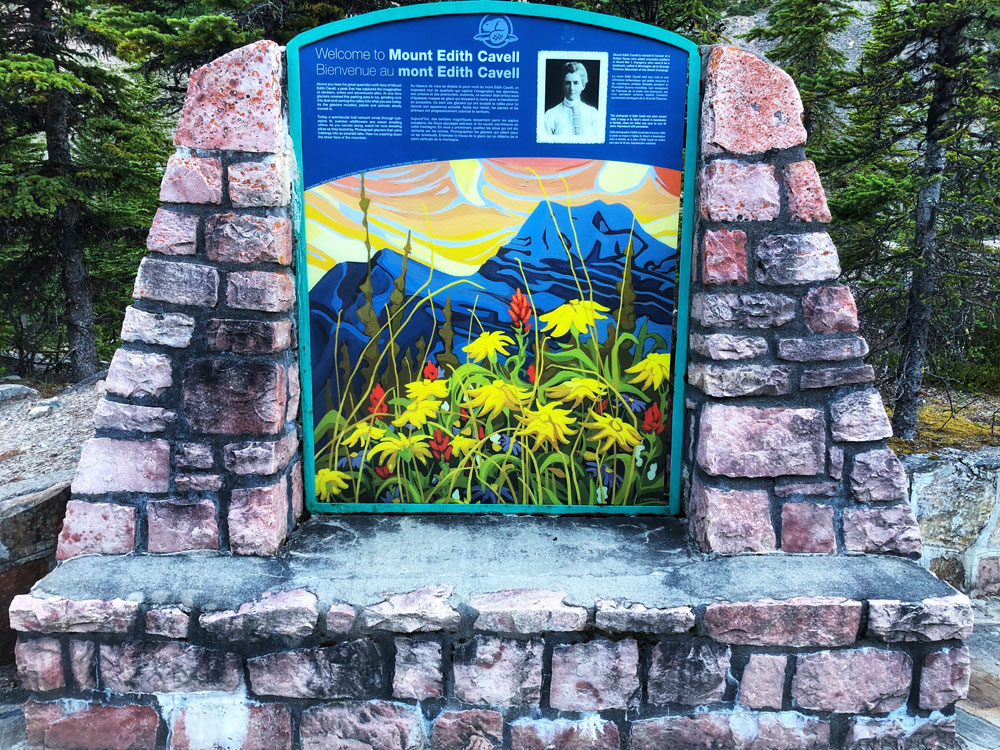 Mt Edith Cavell trailhead commemorative sign about the British Nurse Edith Cavell