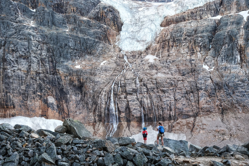 mother and child next to Angel Glacier in Jasper horizontal