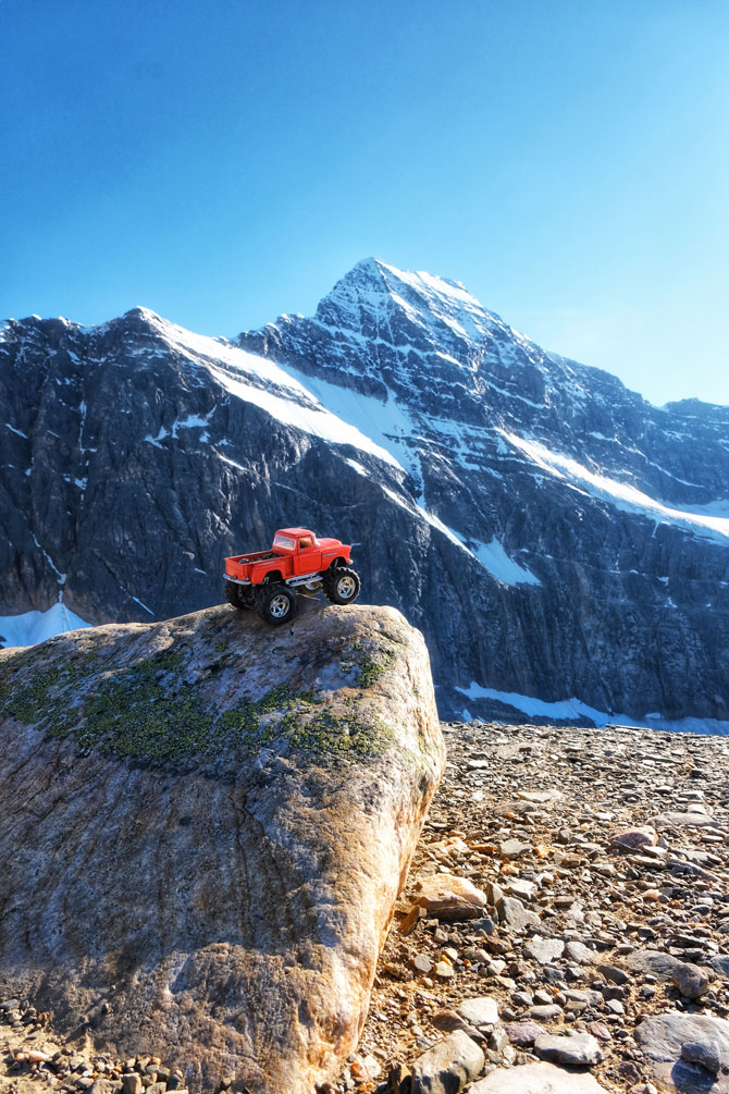 an orange toy track and the Mt. Edith Cavell