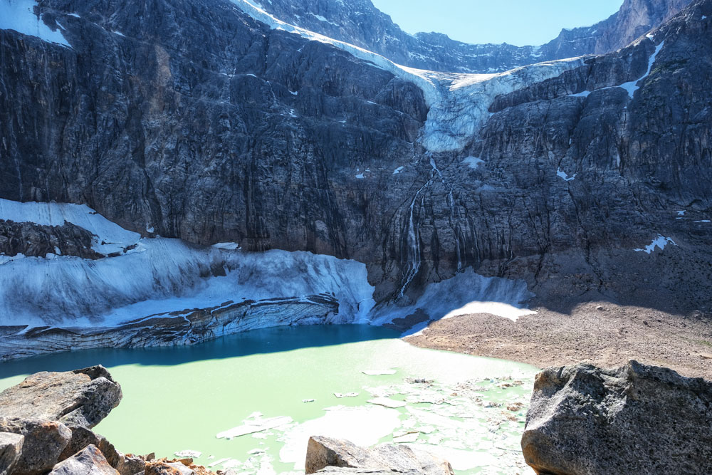 impressive view of Angel Glacier of Mt. Edith Cavell and the glacier lake
