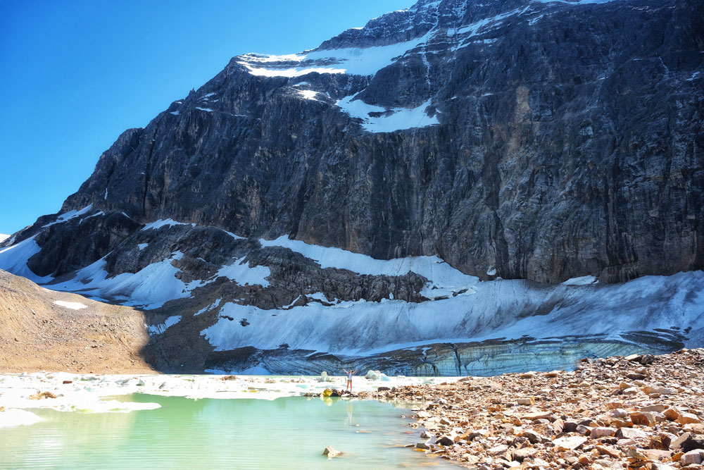 the Edith Cavell lake and the Angel Glacier at mid-day located at Jasper National Park