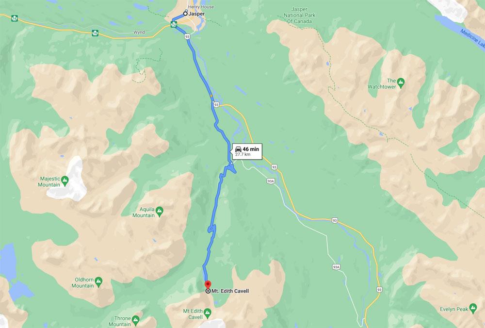 how to get to Mt Edith Cavell trailhead from Jasper, AB google map