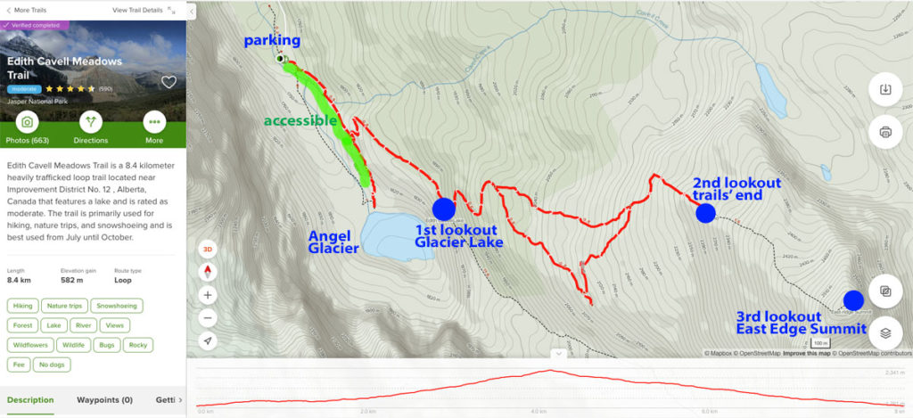 Mt Edith Cavell meadows and the Path to Glacier hiking trails map and our recording using AllTrails