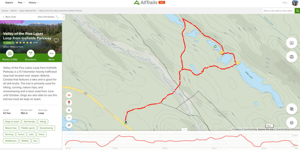 The Valley of Five Lakes hike as described on AllTrails app