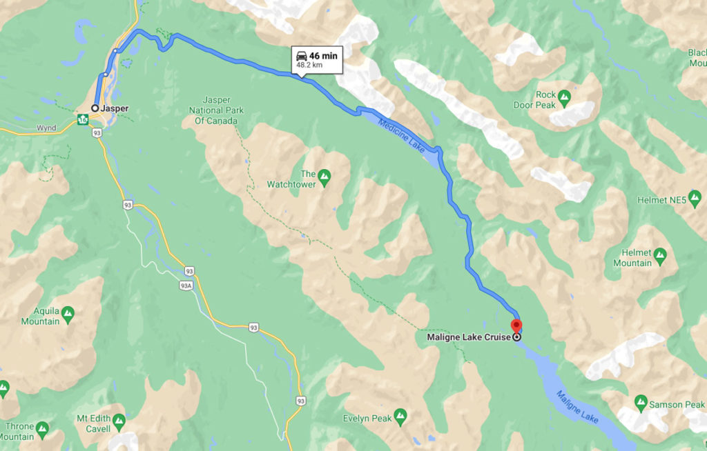 Maligne Lake Cruise driving directions from Jasper, AB map