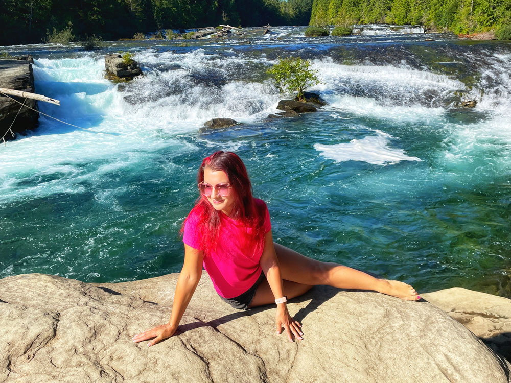 nature photography - woman posing at Nymph Falls Puntledge River rapids