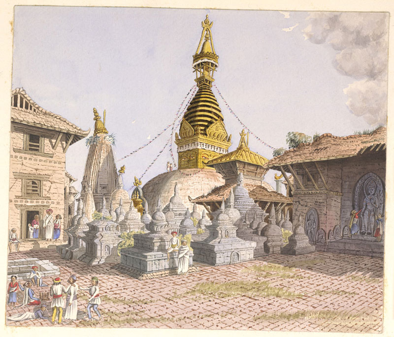 historical sketch drawing of the Monkey Temple in Kathmandu, Nepal