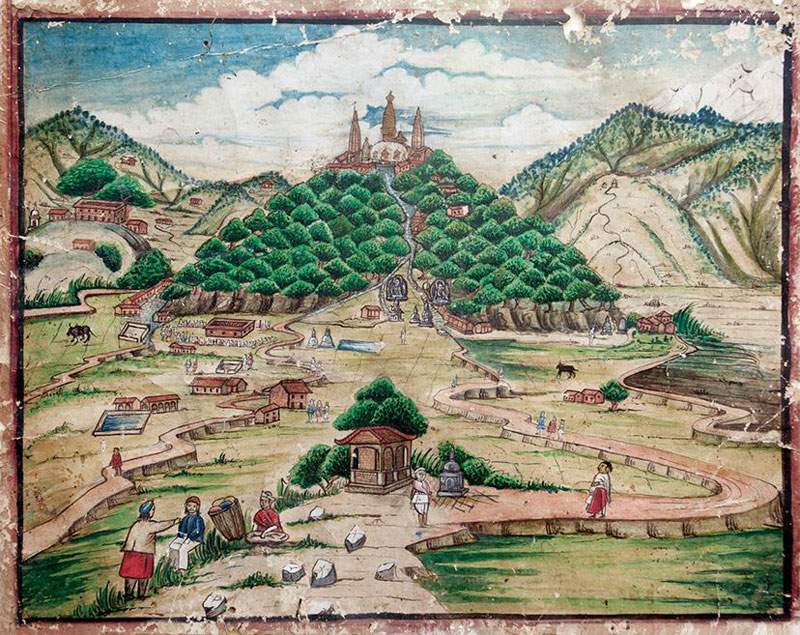historical painting of the Swayabhunath temple on a hill overlooking Kathmandu Valley, Nepal