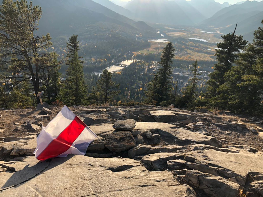 Alberta, Banff, Canada - Belarusian Freedom Flags atop Sulphur Mountain