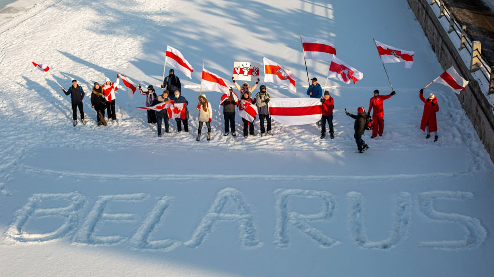 White-red-white Belarus flags at Ottawa River, Ontario, Canada