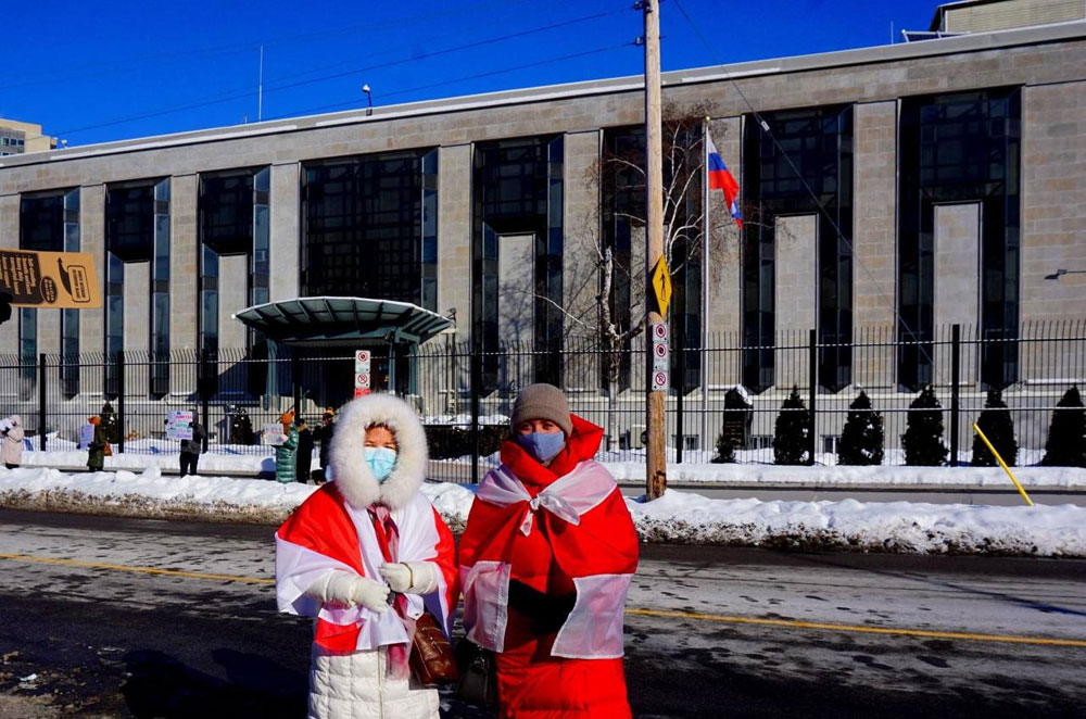Belarus demonstration next to the embassy of Russia in Ottawa, Ontario Canada