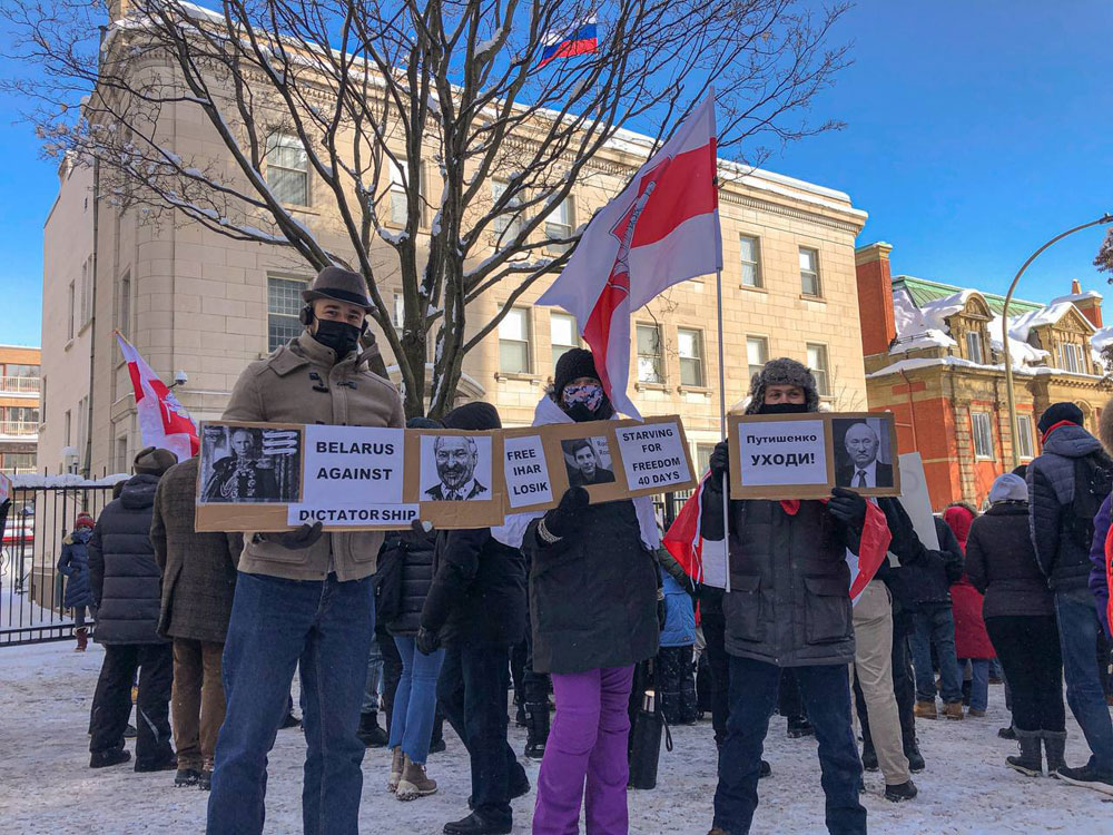 Belarus demonstration next to the embassy of Russia in Montreal, Quebec Canada